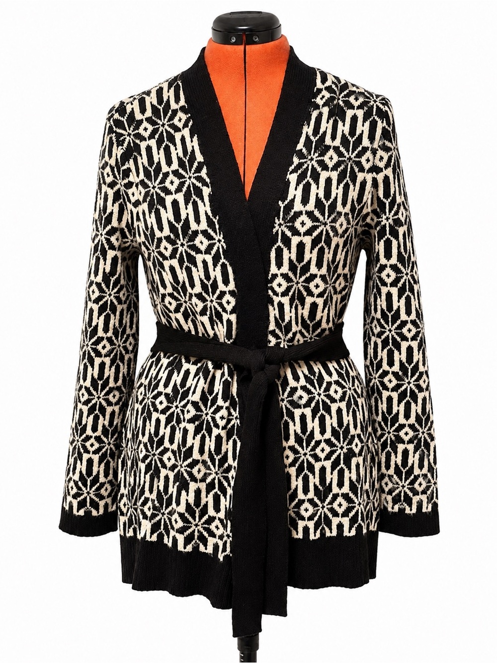 Black & White Geometric Belted Cardigan